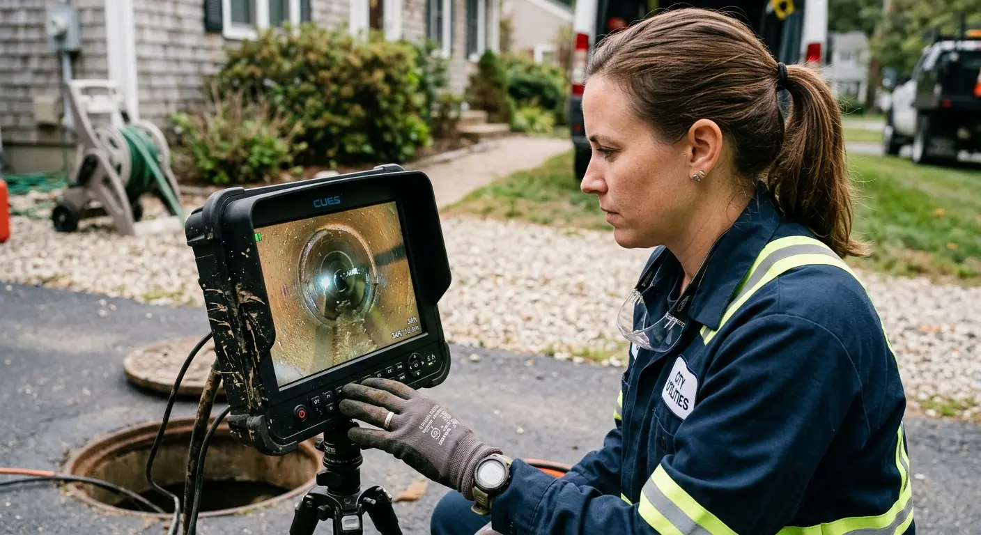 Technician reviewing sewer camera inspection footage in Ballston