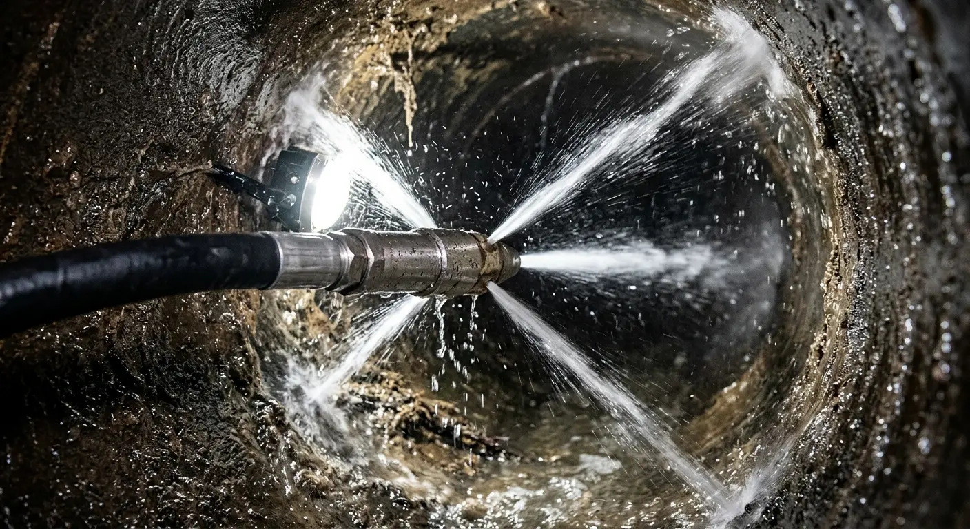 High-pressure hydro jetting nozzle cleaning sewer pipe for Emergency Drain Service in Ballston