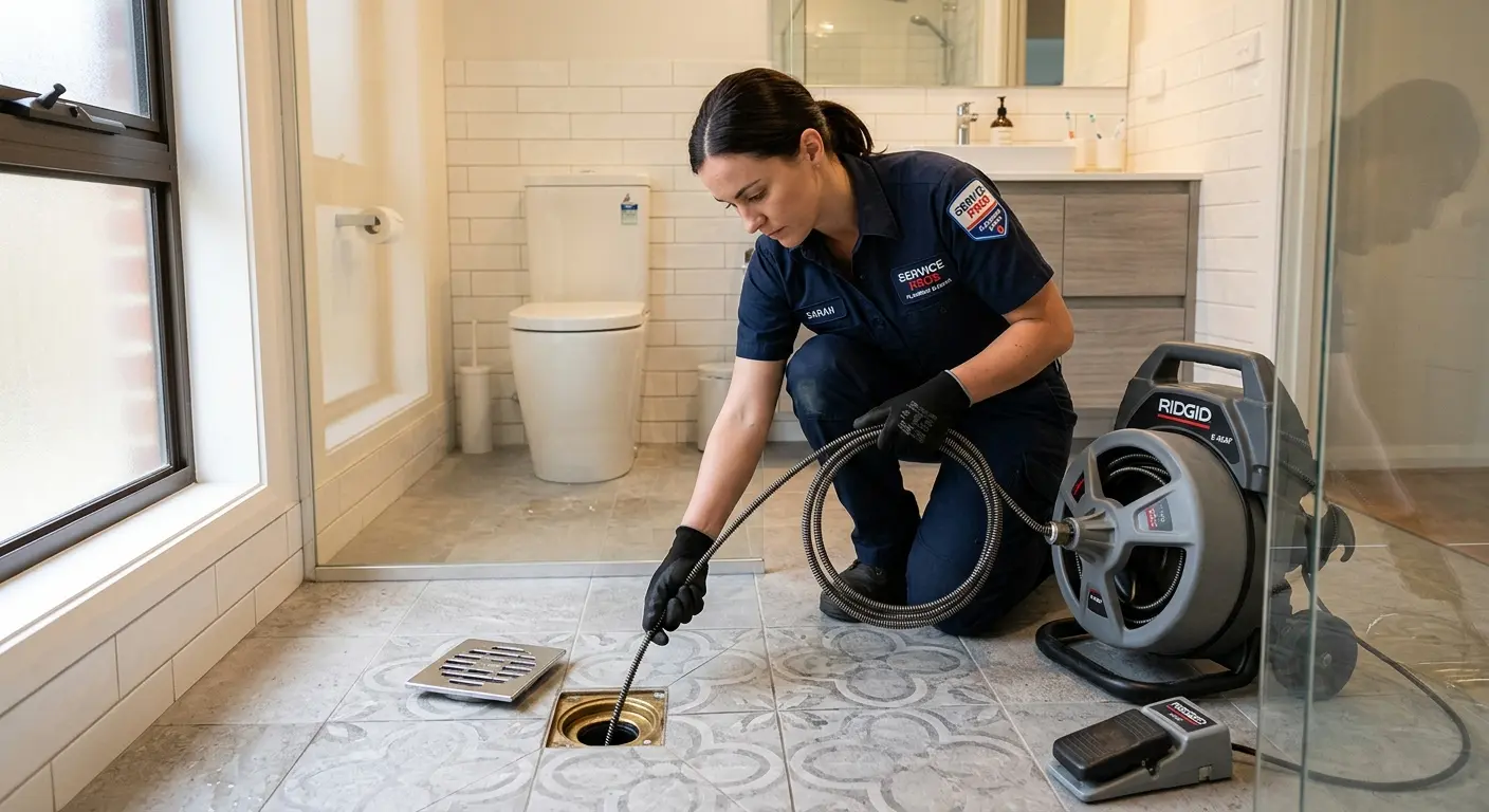 Technician clearing a bathroom floor drain for Drain Repair in Ballston
